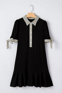 Black Stripe Detail Polo Collar Half Buttons Tied Short Sleeve Shift Mini Dress