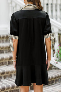 Black Stripe Detail Polo Collar Half Buttons Tied Short Sleeve Shift Mini Dress