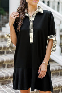 Black Stripe Detail Polo Collar Half Buttons Tied Short Sleeve Shift Mini Dress