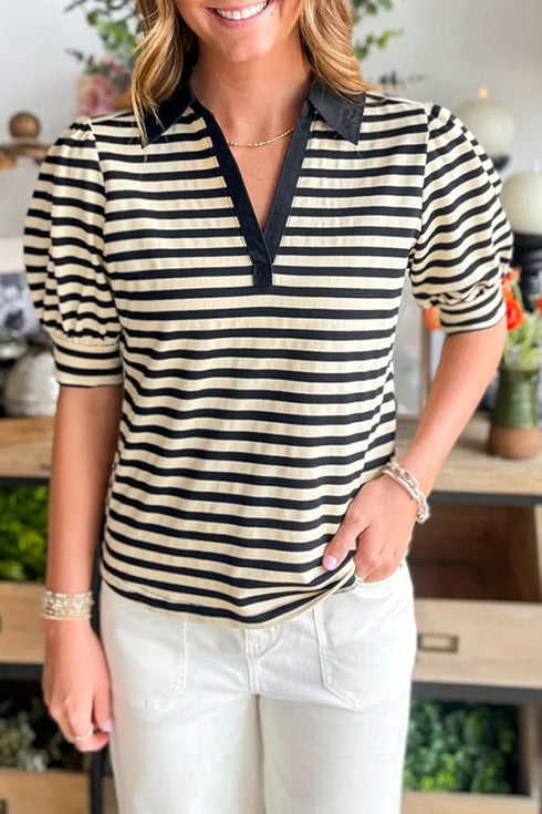 Women's Black Striped Puff Sleeve V-Neck Polo Top