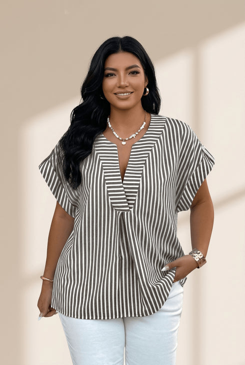 Women's Black Striped V-Neck Dolman Sleeve Plus Size Blouse