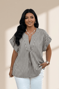 Women's Black Striped V-Neck Dolman Sleeve Plus Size Blouse
