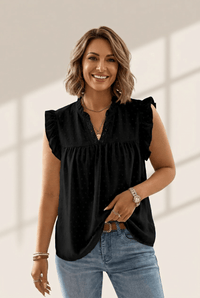Women's Black Swiss Dot Ruffle Sleeve V-Neck Plus Size Blouse