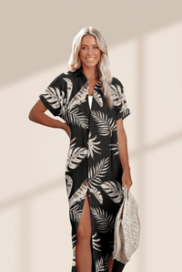 Women's Black Tropical Palm Print Maxi Shirt Dress Cover-Up