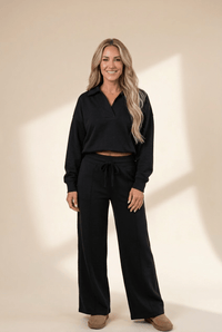 
Women's Black V-Neck Collared Pullover and Wide-Leg Lounge Set