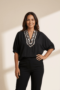 Women's Black V-Neck Dolman Blouse with Leopard Print Trim
