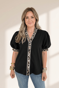 Women's Black V-Neck Leopard Trim Puff Sleeve Blouse