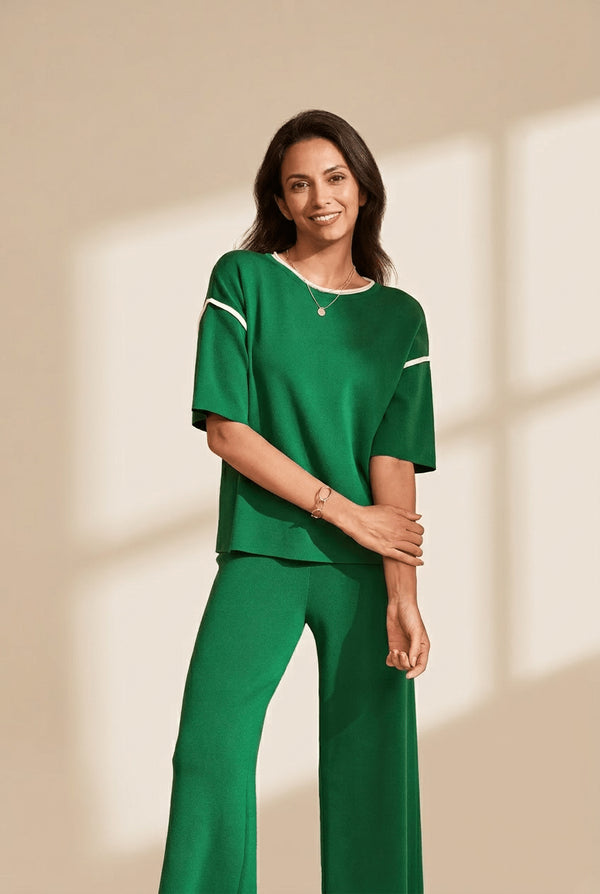 Women's Blackish Green Contrast Trim 2-Piece Knit Sweater Set