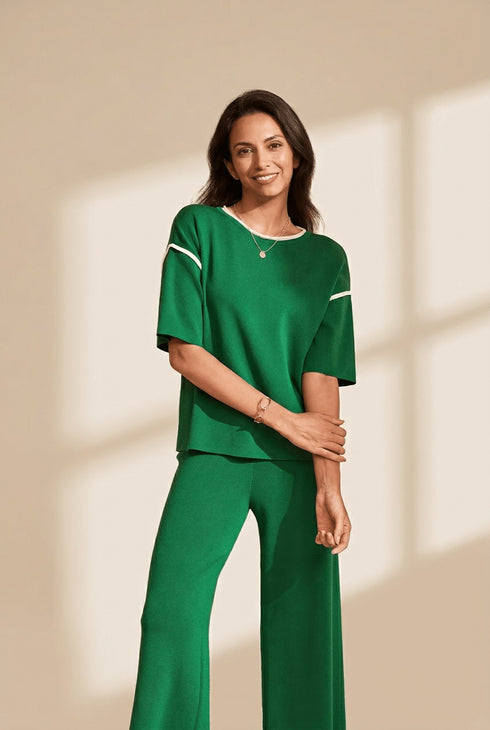 Women's Blackish Green Contrast Trim 2-Piece Knit Sweater Set
