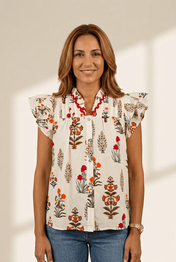 Women's Block Print Cotton Blend Blouse with Ric Rac Ruffle Neck