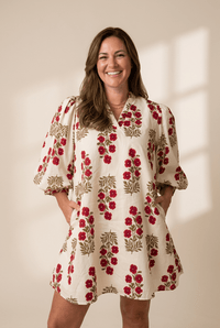 Women's Block Print Cotton V-Neck Mini Dress with Puff Sleeves