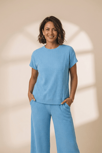 Women's Blue Corded Knit T-Shirt and Wide-Leg Pant Set