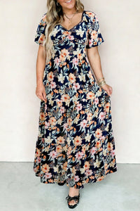 Women's Blue Floral Print Maxi Dress for Women – High Waist, Smocked Short Sleeves, Ideal for Summer Parties and Events