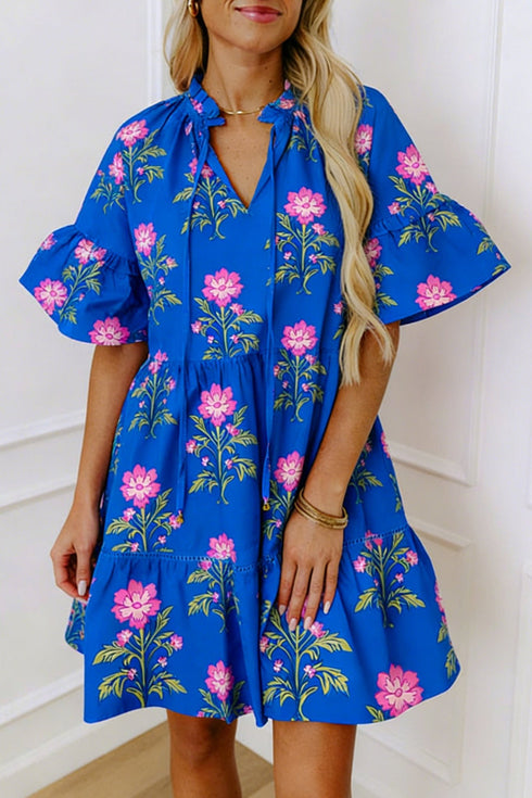 Women's Blue Floral Print V-Neck Dress for Women – Short Sleeve, Relaxed Fit, Perfect for Summer Parties and Casual Outings