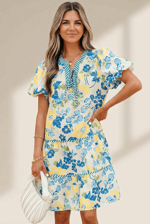Women's Blue Floral Tiered Mini Dress with Puff Sleeves