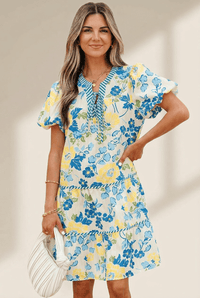 Women's Blue Floral Tiered Mini Dress with Puff Sleeves