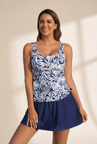Women's Blue Leaf Print Scoop Neck Tankini with Adjustable Skort
