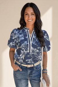 Women's Blue Lily Floral Puff Sleeve Blouse with Striped V-Neck