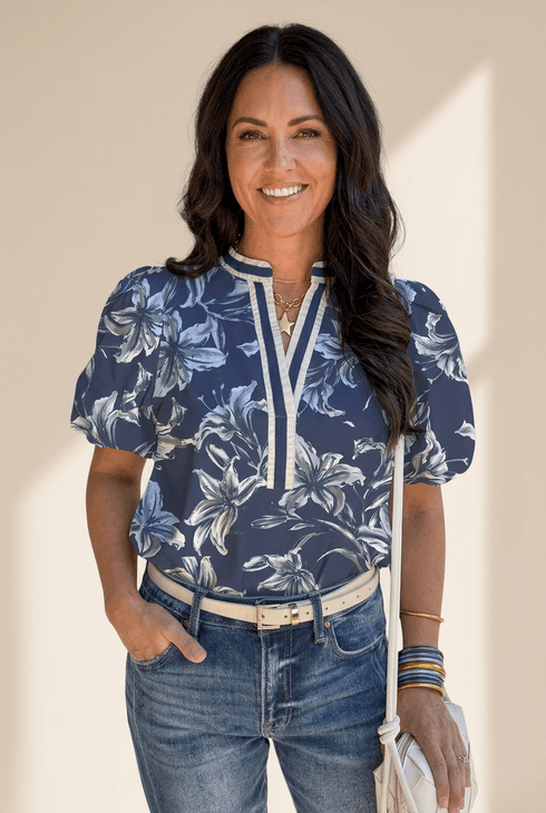 Women's Blue Lily Floral Puff Sleeve Blouse with Striped V-Neck