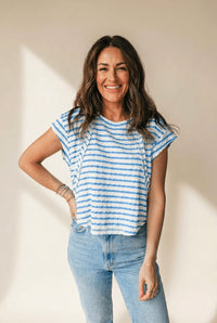 Women's Blue Seersucker Stripe Patchwork Tee in Tops & Tees