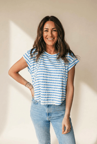 Women's Blue Seersucker Stripe Patchwork Tee in Tops & Tees