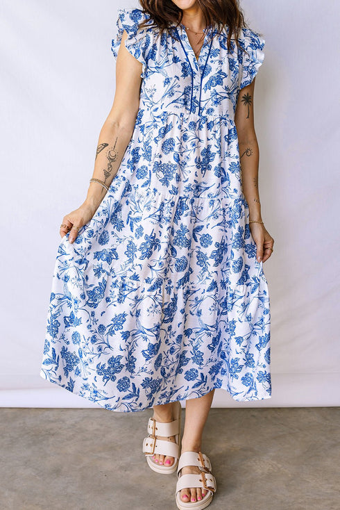 Women's Blue Toile Floral Tiered Midi Dress with Ruffle Sleeves