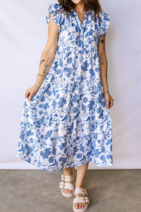 Women's Blue Toile Floral Tiered Midi Dress with Ruffle Sleeves