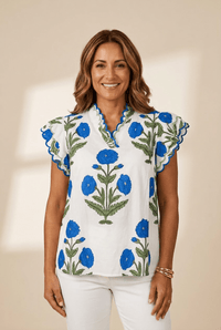 Women's Blue Wildflower Scallop Trim Blouse in Cotton-Viscose