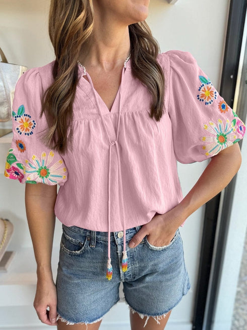 Blush Pink Floral Embroidered V-Neck Puff Sleeve Blouse
