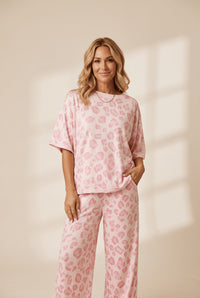 Women's Blush Pink Leopard Print Relaxed Two-Piece Pant Set