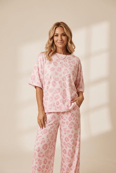 Women's Blush Pink Leopard Print Relaxed Two-Piece Pant Set