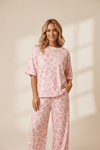 Women's Blush Pink Leopard Print Relaxed Two-Piece Pant Set