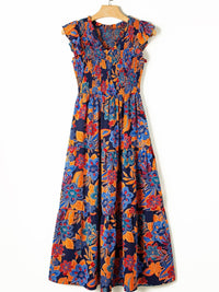Bohemian Blue Floral V Neck Ruffle Tiered Maxi Dress