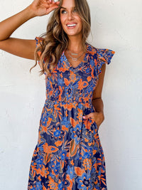 Bohemian Blue Floral V Neck Ruffle Tiered Maxi Dress