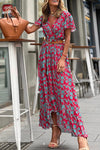 Bohemian Long Short Sleeve Printed V Neck Slit Dress - Drop Shoulder - Strappy - Wrap - Closed Cape - Accordion