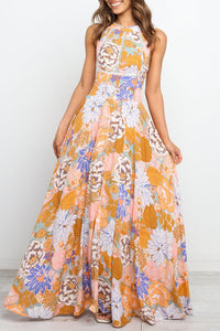 Sleeveless Halter Print Split Long Dress