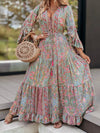 Retro Printing V Neck 3/4 Sleeve Split Hem Dress- Bell - Drop Shoulder - Halter - Scoop - Closed