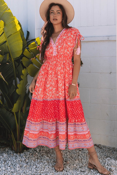 Women's Bohemian Tiered Maxi Dress with Empire Waist and Tassels