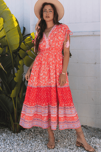 Women's Bohemian Tiered Maxi Dress with Empire Waist and Tassels