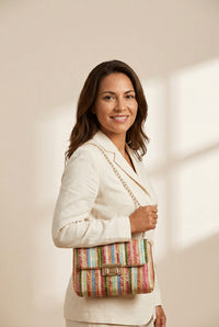 Women's Bohemian Woven Straw Multi-Color Stripe Shoulder Bag