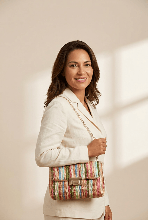 Women's Bohemian Woven Straw Multi-Color Stripe Shoulder Bag