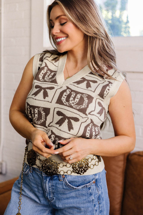 Boho Chic Women's Brown Horseshoe Print V-Neck Sweater Vest - Loose Fit Layering Essential for Stylish Outfits