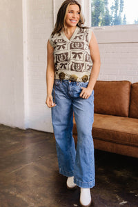 Brown Western Horseshoe Bow Printed V Neck Loose Sweater Vest