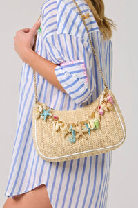 Khaki Boho Woven Shell Charm Detail Bag Metal Chain Bag