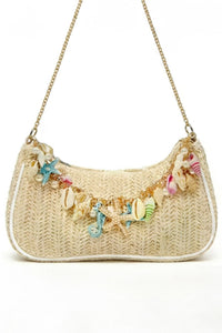Khaki Boho Woven Shell Charm Detail Bag Metal Chain Bag