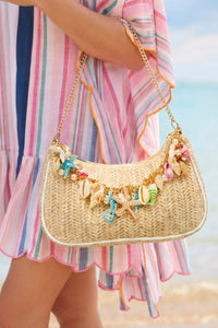
Boho Women's Khaki Woven Shell Bag with Metal Chain Detail