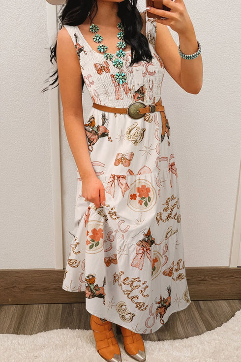 Boho Chic Women's White Sleeveless Midi Dress with Western Horseshoe Print - Perfect for Summer Outings