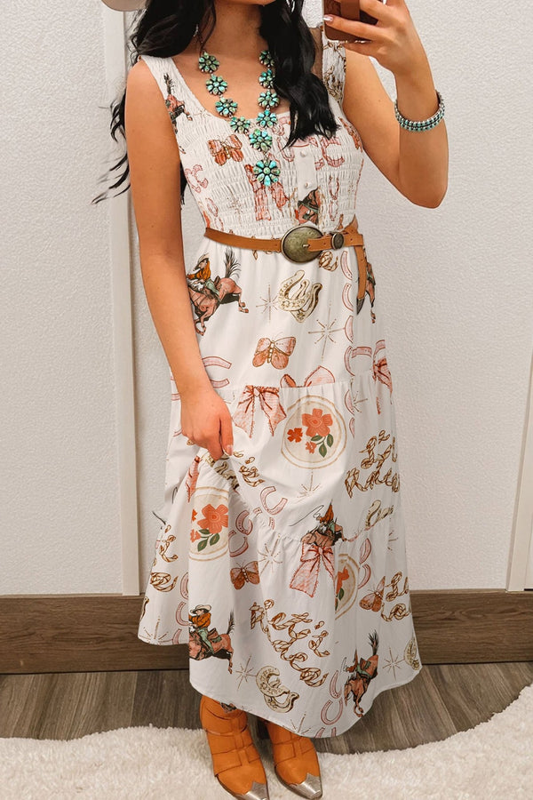 Boho Chic Women's White Sleeveless Midi Dress with Western Horseshoe Print - Perfect for Summer Outings