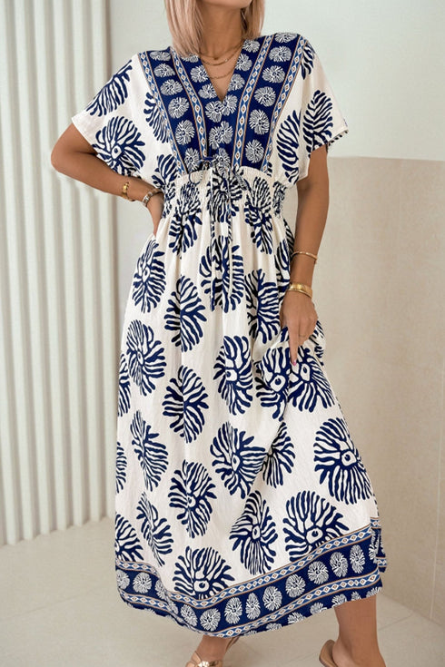 Boho Floral V-Neck Maxi Dress for Women in Blue with Contrast Patchwork – Effortless Summer Style & Comfort