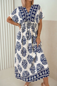 Boho Floral V-Neck Maxi Dress for Women in Blue with Contrast Patchwork – Effortless Summer Style & Comfort